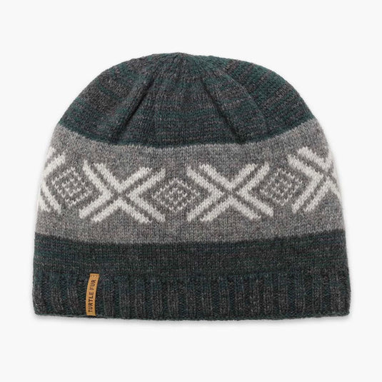Knitted beanie with geometric pattern on a white background