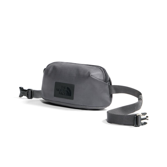 Gray waist bag with The North Face logo on a white background