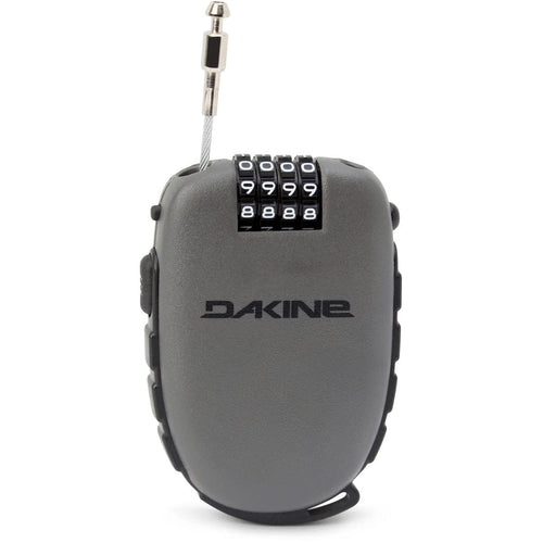 Gray combination lock with a small antenna on a white background, featuring the Dakine brand.
