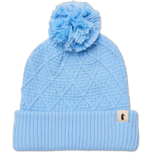 Light blue knit beanie with pom-pom on a white background