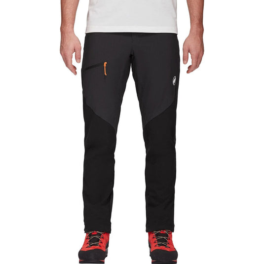 Black pants with orange zipper on a white background