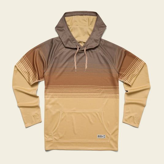 Brown and beige hoodie with a brand logo on a beige background