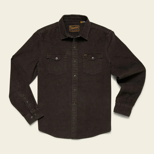 Dark brown shirt with two front pockets on a beige background