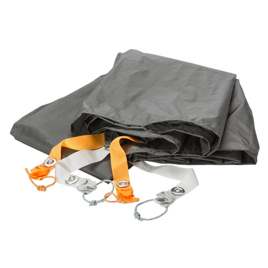 Gray tarp with orange and white ropes on a white background