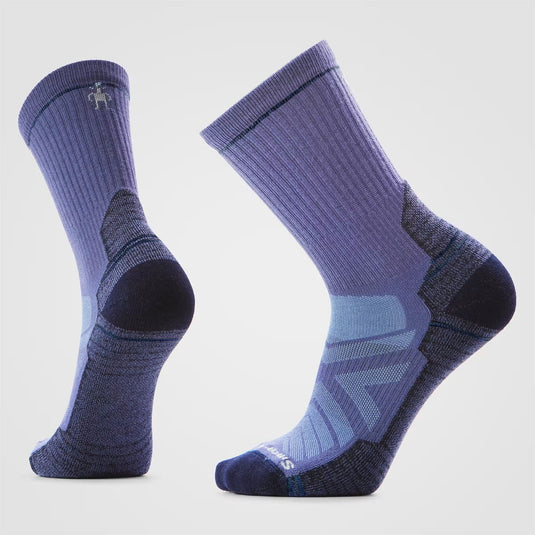 Pair of purple socks with a brand logo on a light gray background