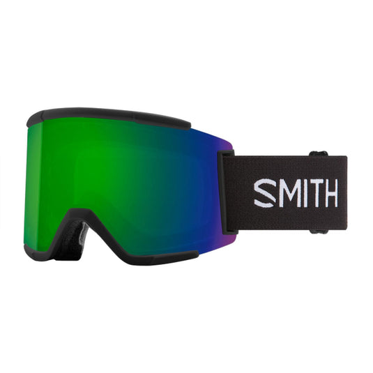 Green ski goggles with 'Smith' logo on a white background