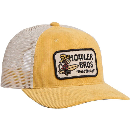 Yellow trucker hat with mesh back and Howler Bros patch on a white background
