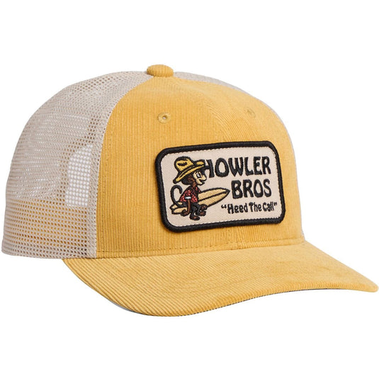 Yellow trucker hat with mesh back and Howler Bros patch on a white background