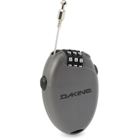 Gray tape measure with a combination lock on a white background, featuring the Dakine brand.