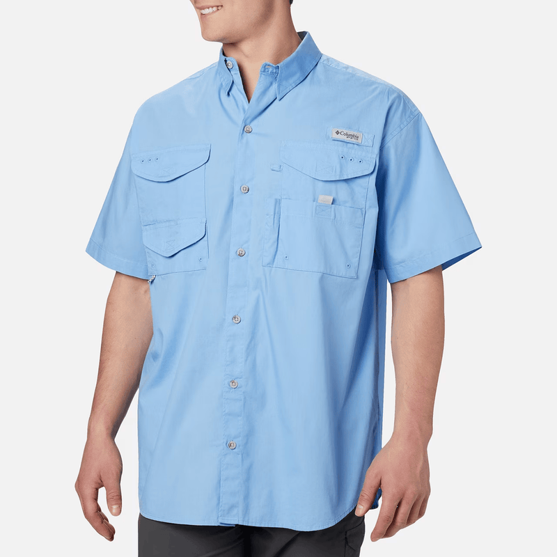 Load image into Gallery viewer, Light blue button-up shirt with Columbia logo on a white background
