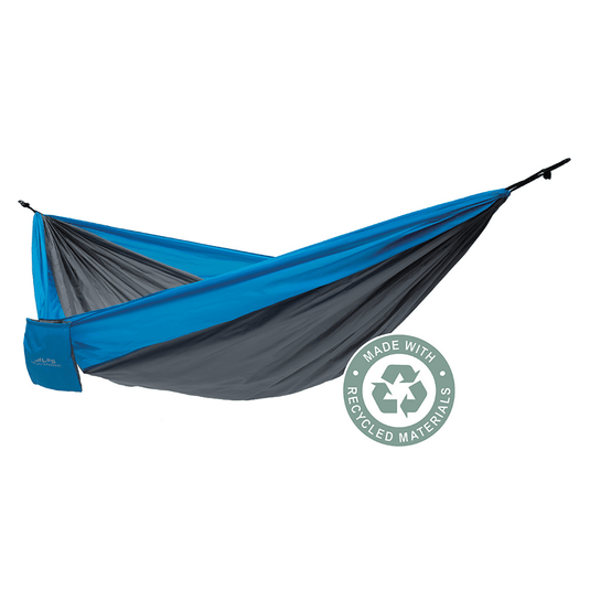 A blue and dark gray dual-color hammock with a matching blue pouch, shown on a white background with a circular 'Made with Recycled Materials' badge.