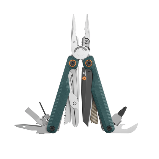 Multitool with various tools on a white background