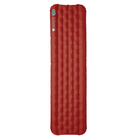 Red inflatable sleeping pad on a white background