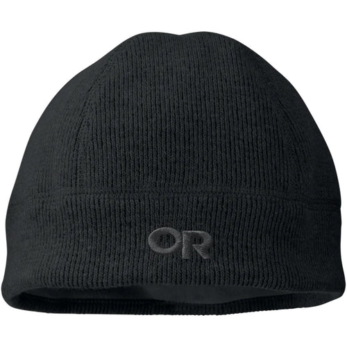 Black knit beanie with a logo on a white background