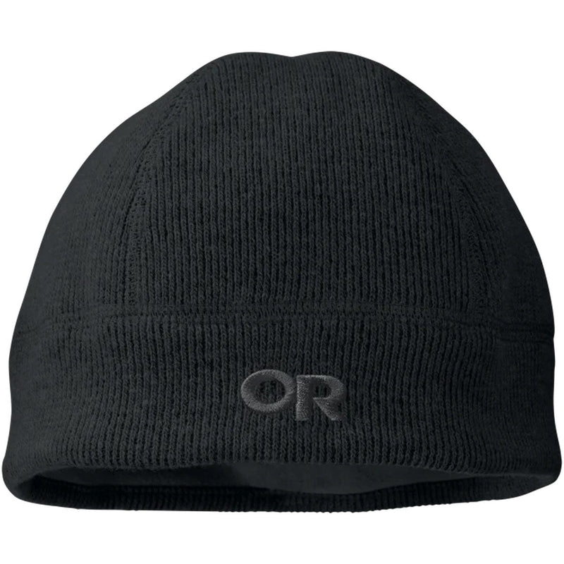 Load image into Gallery viewer, Black knit beanie with a logo on a white background
