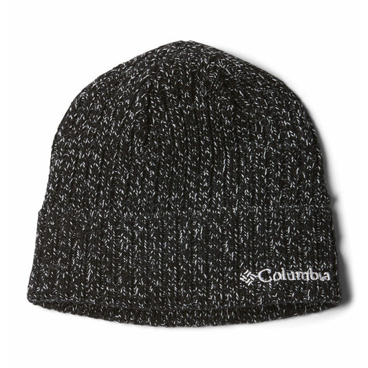 Black and gray speckled beanie with Columbia logo on a white background