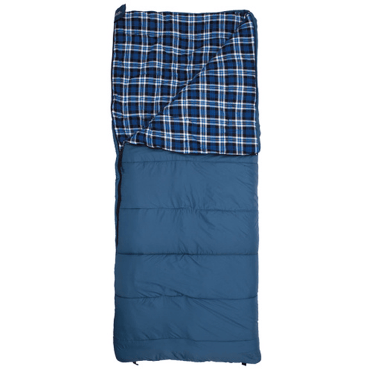 A blue sleeping bag with a solid blue quilted body and a navy blue, white, and blue plaid hood, shown against a plain white background.