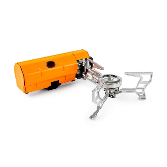 Portable camping stove with orange tank and metal stove body on a white background