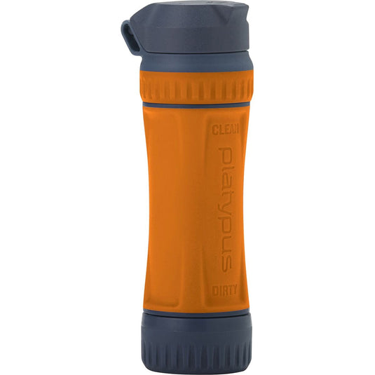 Orange and gray water bottle with 'Platypus' branding on a white background