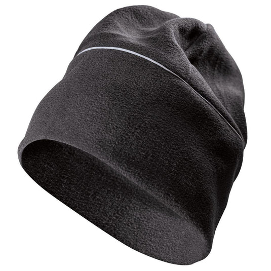 Black beanie with a white stripe on a white background