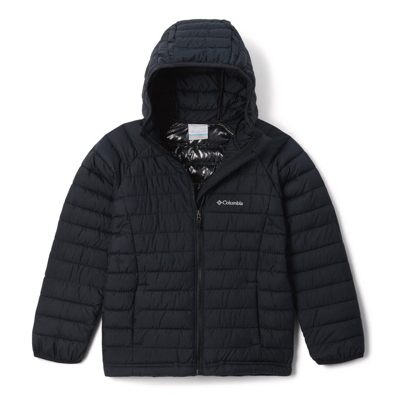 Load image into Gallery viewer, Black puffer jacket with Columbia logo on a white background
