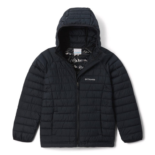 Black puffer jacket with Columbia logo on a white background