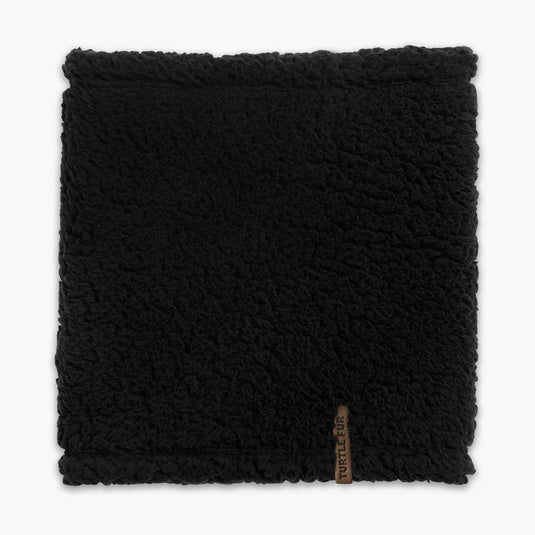 Black sherpa neck gaiter with a brand label on a white background