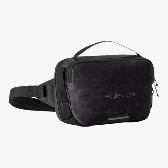 Black waist bag with 'eagle creek' branding on a white background