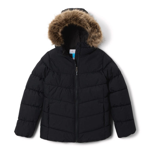 Black puffer jacket with fur-lined hood on a white background