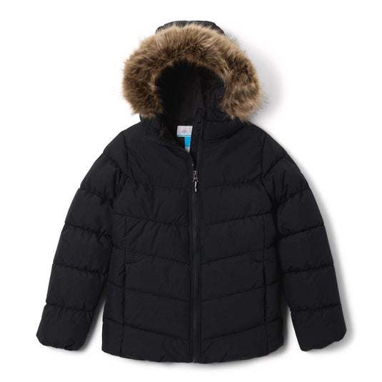Black puffer jacket with fur-lined hood on a white background