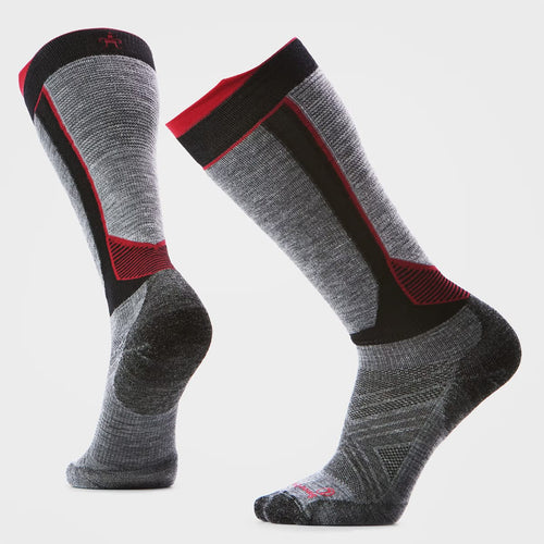 Gray and black socks with red accents on a light gray background