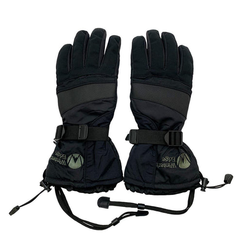 Pair of black gloves with wrist straps on a white background