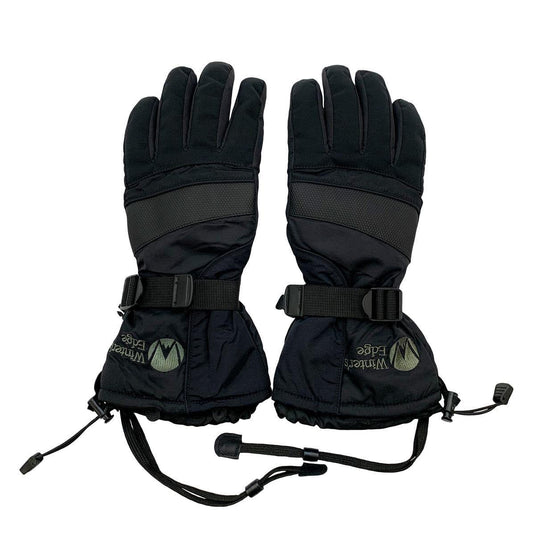 Pair of black gloves with wrist straps on a white background