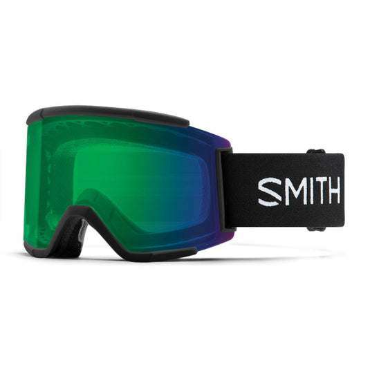 Smith snow goggles with green lens on a white background