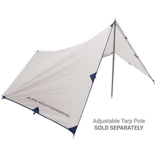 An adjustable tarp shelter by Alps Mountaineering, shown set up as a tent with a central support pole on a white background. Text on the image states 'Adjustable Tarp Pole SOLD SEPARATELY'.