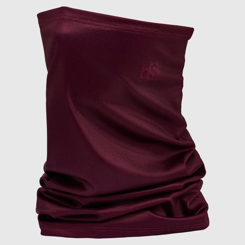 Maroon neck gaiter with a logo on a light gray background
