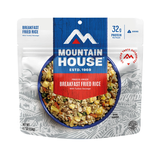 Mountain House freeze-dried breakfast fried rice package on a white background