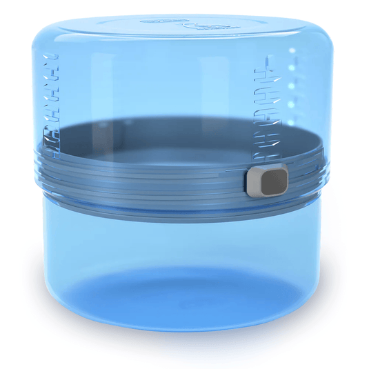Blue plastic container with a gray lid on a white background