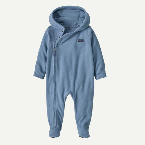 Blue baby onesie with a hood on a white background