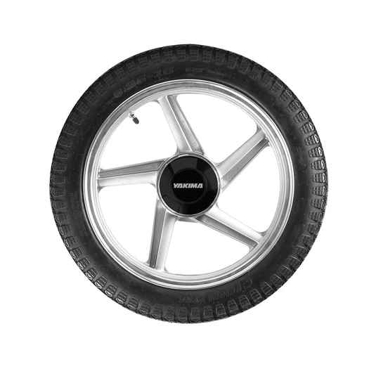 Yakima wheel with black tire on a white background