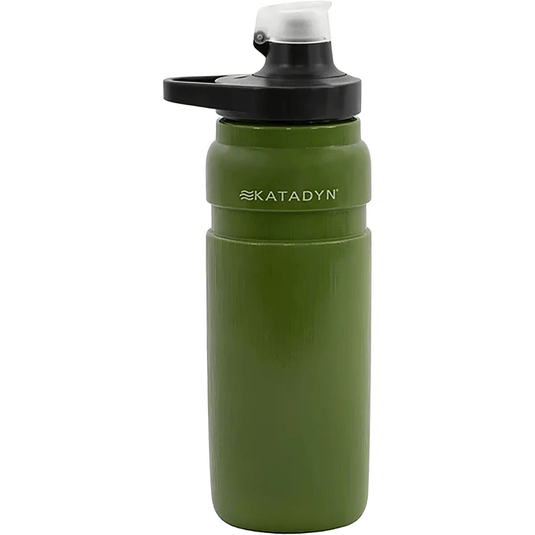 Green water bottle with black lid on a white background