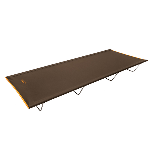 Brown camping cot on a white background