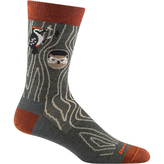 Gray sock with brown accents featuring a design of a bird and a face on a white background