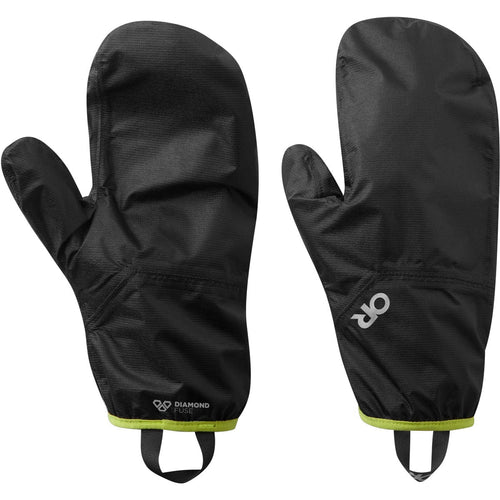 Pair of black mittens with a visible brand logo on a white background