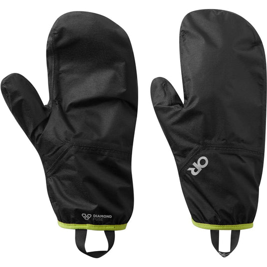Pair of black mittens with a visible brand logo on a white background