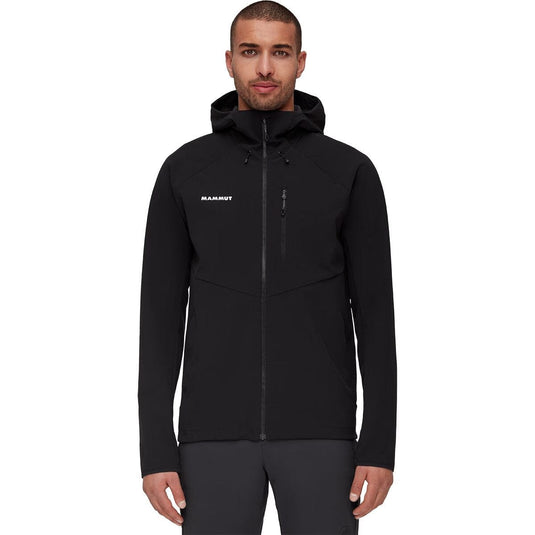 Man wearing a black jacket with a brand logo on a white background