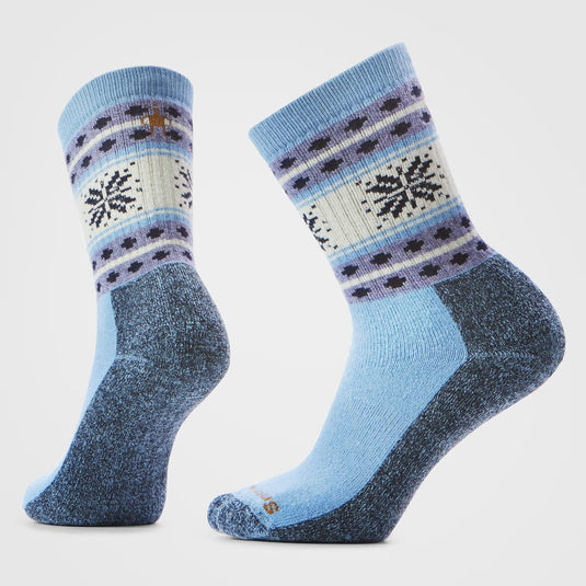 Pair of blue and gray patterned socks on a light gray background