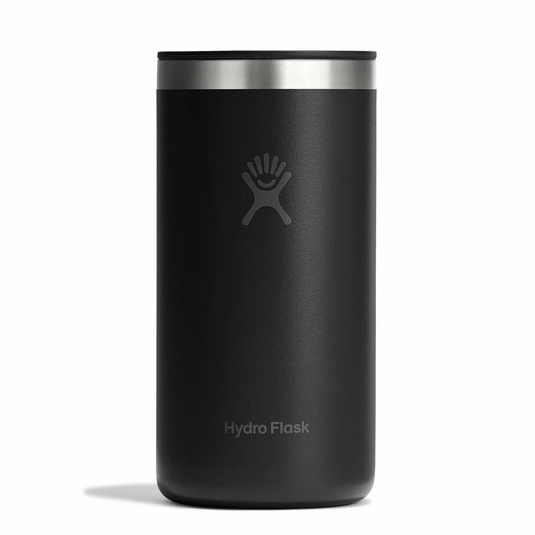Black Hydro Flask tumbler with silver lid on a white background