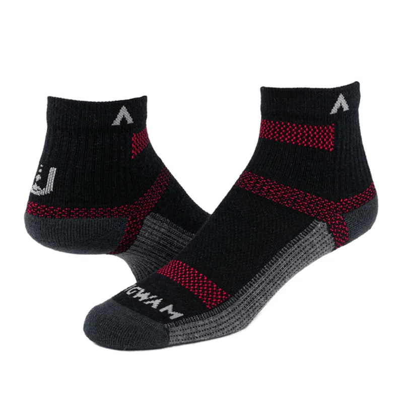 Load image into Gallery viewer, Black and gray ankle socks with red accents on a white background
