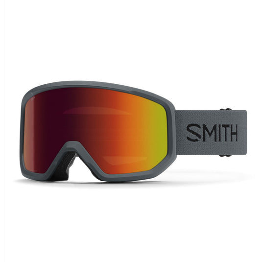 Smith ski goggles with red-orange lens on a white background